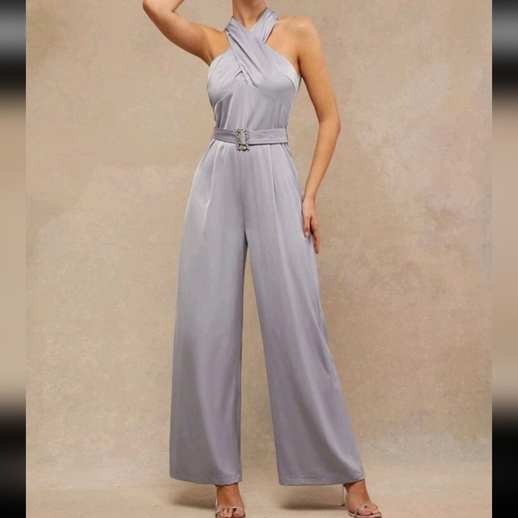 Elegant Cross Halter Straight Leg Jumpsuit With Buckle - Picture 3 of 4